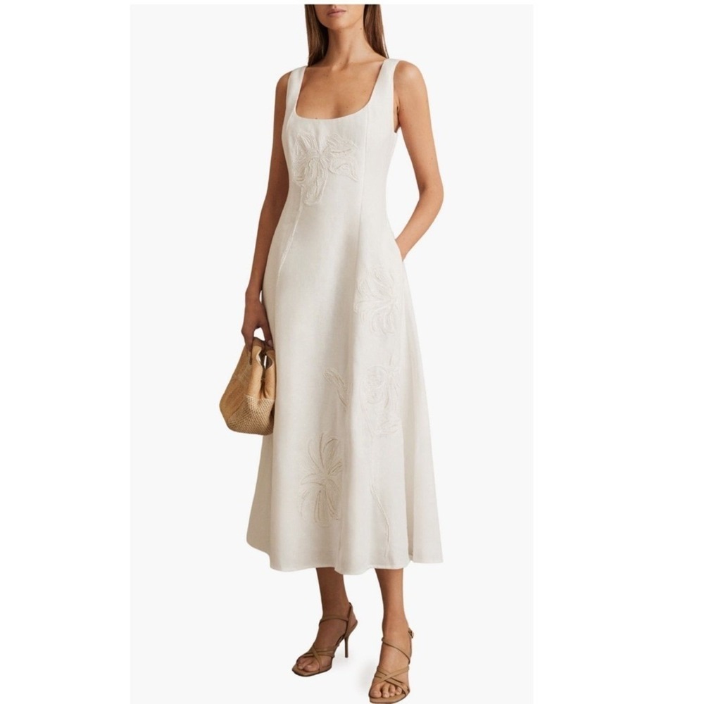 Reiss Elise Linen A - Line Dress, 100%% Linen, Summer Classic Size 12, White NWT